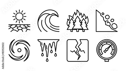 Environmental risks and natural disasters outline vector icon set
