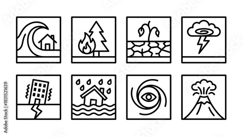 Natural disaster events and emergency risks line icon collection