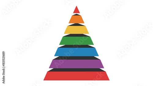 Colorful Pyramid: A visually stunning pyramid composed of vibrant, layered bands of color, each representing a unique spectrum, that culminates in a pointed peak, symbolizing growth and progress.