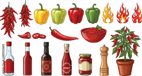 Chili pepper and sauce icon set, spicy condiment variation collection, food graphics, black white vector, cad drawing flat vector illustration