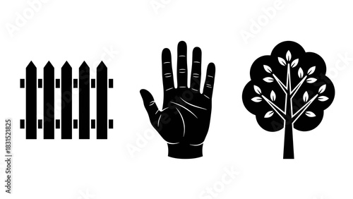 Picket fence, open hand, tree black silhouette icon set isolated