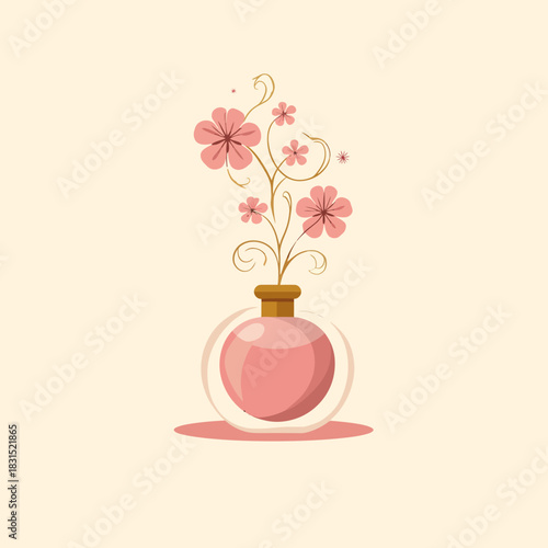 Elegant vector illustration of a round perfume bottle with a floral scent swirling out, depicted by stylized flowers and leaves.