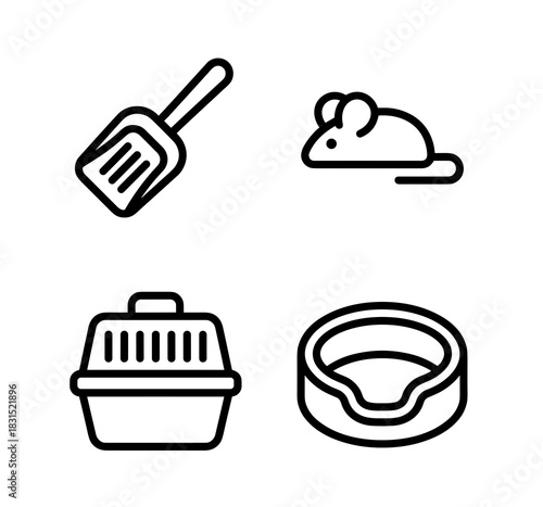 Outline pet care icons with scoop, mouse, carrier, and bed