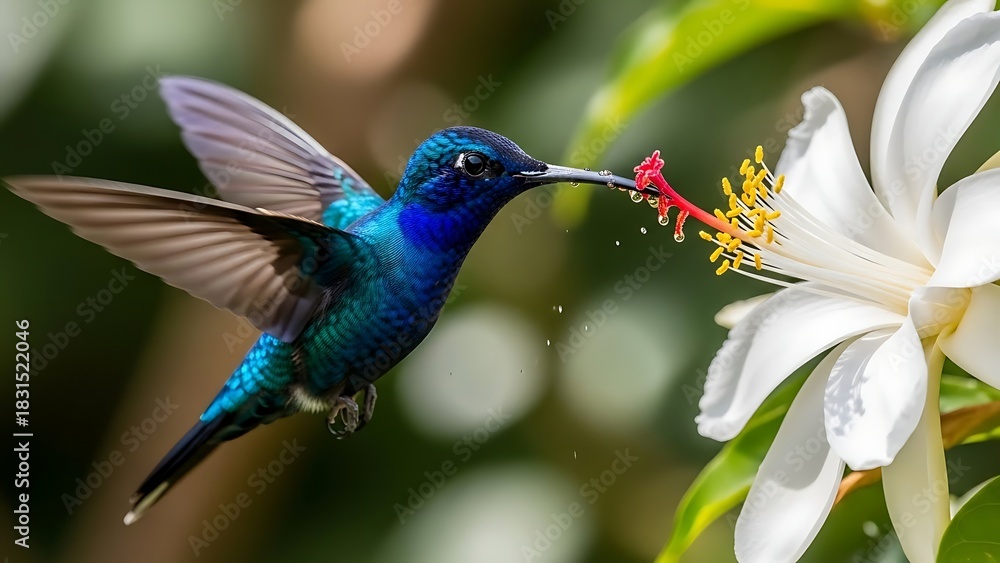Fototapeta premium Sparkling violetear hummingbird feeding on a white flower in costa rica