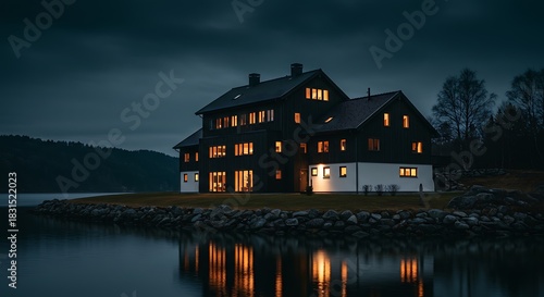 Ultra-modern Scandinavian manor house at dusk, dark stained wood and white plaster facade, warm interior lighting glowing from within