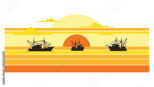 Fishing boats at sunset on the ocean.