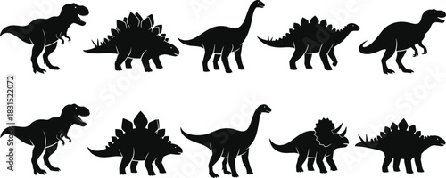 Dinosaur silhouette icon set, prehistoric species profile collection, educational animal graphics, black white vector, cad drawing flat vector illustration
