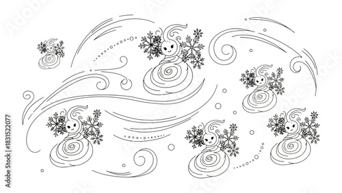 Whimsical Winter Wonders: A playful composition of stylized snow spirits dancing amidst swirling winds and delicate snowflakes, evoking the magic of winter's embrace.