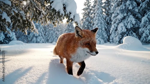 Wide panoramic view of a tranquil, snow covered winter forest, featuring towering fir and pine trees under a soft, diffused light, evoking vastness and solitude.