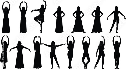 Female dancer silhouette icon set, expressive pose variation collection, elegant movement graphics, black white vector, cad drawing flat vector illustration