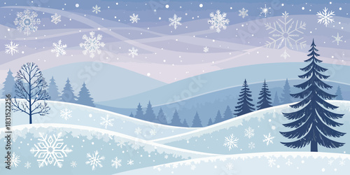 Vector christmas a serene winter landscape with snow covered hills and trees under a snowfall with snowflakes falling