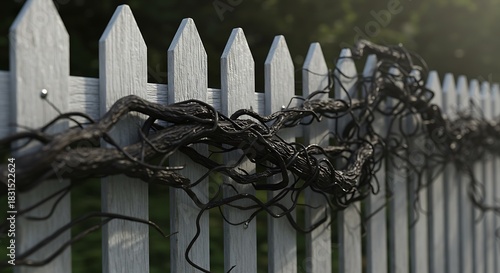 Zombie-Vine Fence Realistic detail of a white picket fence, overgrown with thorny, black vines that look like grasping zombie fingers