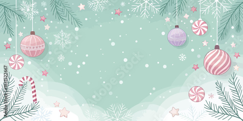 Vector christmas aesthetic christmas scene with ornaments snowflakes stars and candy canes on a light green background