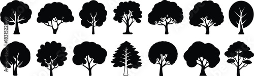 Tree silhouette icon set, foliage and branch variation collection, botanical graphics, black white vector, cad drawing flat vector illustration