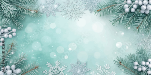 Vector christmas aesthetic winter background with fir branches, snowberries, and snowflakes creating a festive frame