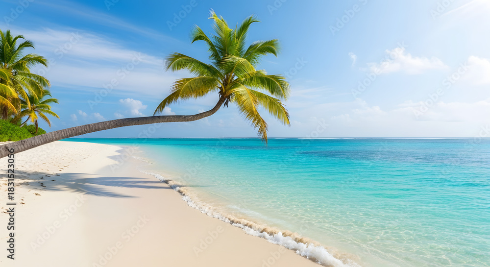 Fototapeta premium Tropical beach scene with palm trees white sand and turquoise water under a clear blue sky day