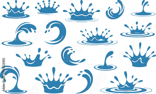 Water splash icon set, fluid motion variation collection, freshness graphics, blue vector style, cad drawing flat vector illustration
