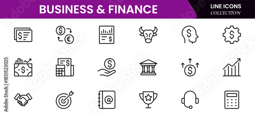 Business and Finance line icons collection. Big UI icon set in a flat design. Thin outline icons pack. Vector illustration