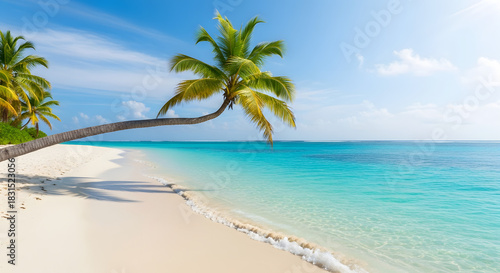 Wallpaper Mural Tropical beach scene with palm trees white sand and turquoise water under a clear blue sky day Torontodigital.ca
