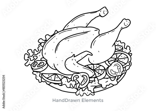 A black and white illustration of a roasted chicken on a platter with garnishes.