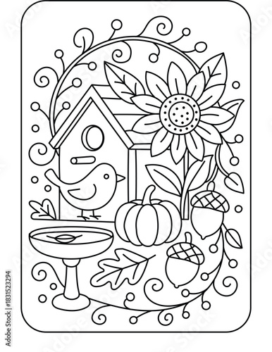 Autumn Birdhouse with Sunflower and Pumpkins Coloring Page