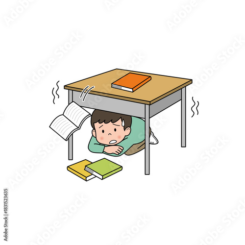 地震で机の下に身を守る子ども