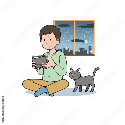 室内で防災ラジオを聞く様子