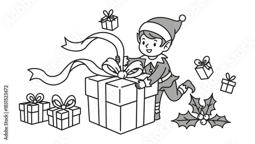 Gift-Wrapping Joy: A cheerful elf embraces the holiday spirit, meticulously adorning a large gift box with ribbons and bows, surrounded by small wrapped presents and festive holly.