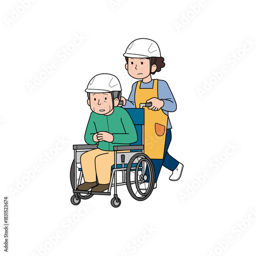 車椅子の高齢者を避難誘導する様子