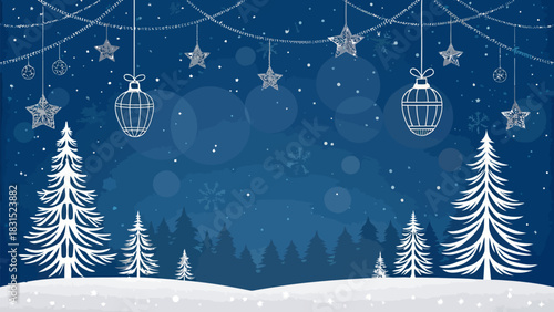 Vector christmas christmas themed background with hanging ornaments and christmas trees in a snowy winter scene design