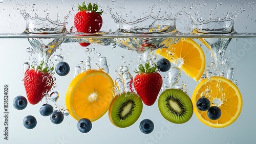 Fototapeta Naklejka Na Ścianę i Meble -  Fresh fruits splashing into clear water, healthy and refreshing concept