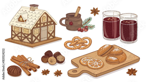 Vector christmas illustration of a gingerbread house with christmas treats and drinks on a white background scene