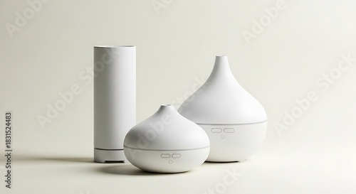 Sleek white essential oil diffusers: cylindrical, spherical, and teardrop designs for aromatherapy and home decor on a neutral background.