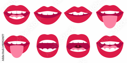 Red lips with teeth and tongue in various expressions on white background