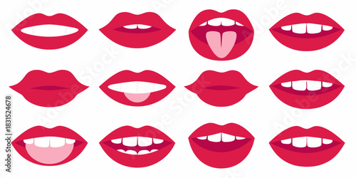Collection of red lips with different expressions on white background