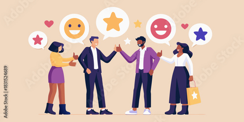 Diverse group of people giving thumbs up with positive feedback icons