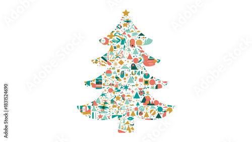 Festive Pattern Tree: A vibrant and joyous Christmas tree decorated with various ornaments and symbols, radiates holiday cheer, creating a unique and visually appealing festive design. 