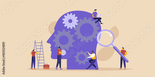 Teamwork and problem solving concept with people working on a giant head