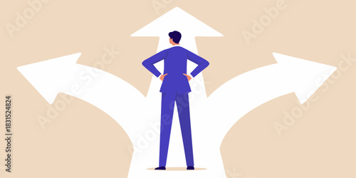 Businessman at crossroads choosing the right path to success