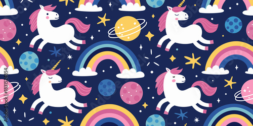 Seamless pattern with unicorns rainbows planets and stars on dark blue background