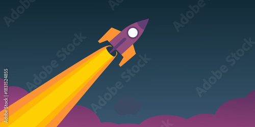 Cartoon rocket launching into space with clouds and dark sky