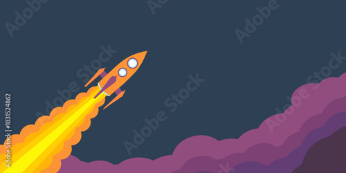 Cartoon rocket launching through clouds against dark blue sky backdrop