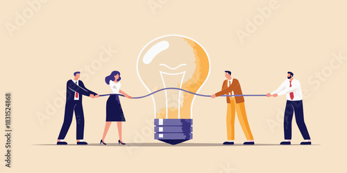 Teamwork and idea generation business people pulling a rope attached to a lightbulb