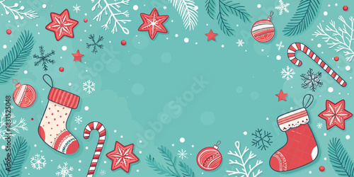 Vector christmas festive christmas background with stockings candy canes stars snowflakes and ornaments on a teal backdrop