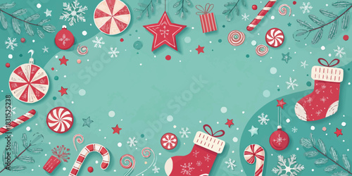 Vector christmas festive christmas background with ornaments candies snowflakes and stockings arranged in a frame like pattern