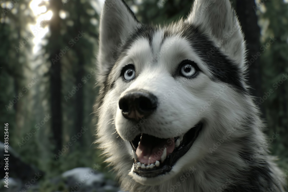 Obraz premium Playful husky dog closeup with expressive eyes