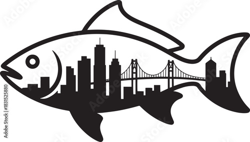 Cityscape inside fish vector illustration design with bridges and buildings outline
