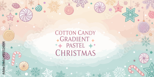 Vector christmas pastel christmas themed background with hanging ornaments and snowflakes on a gradient colored backdrop
