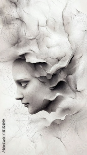 Wallpaper Mural A grayscale artistic image of a woman's profile, integrated with abstract cloud-like forms, evoking a sense of contemplation and introspection. Torontodigital.ca