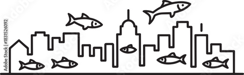 Cityscape Outline with Fish Silhouette Vector Creative Design Decoration Concept